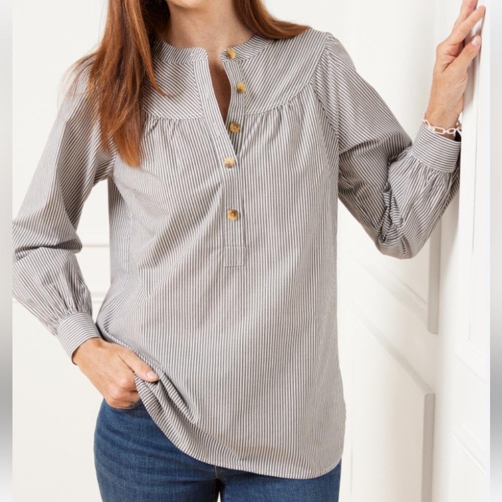 Talbots Gray & White Striped Popover Top